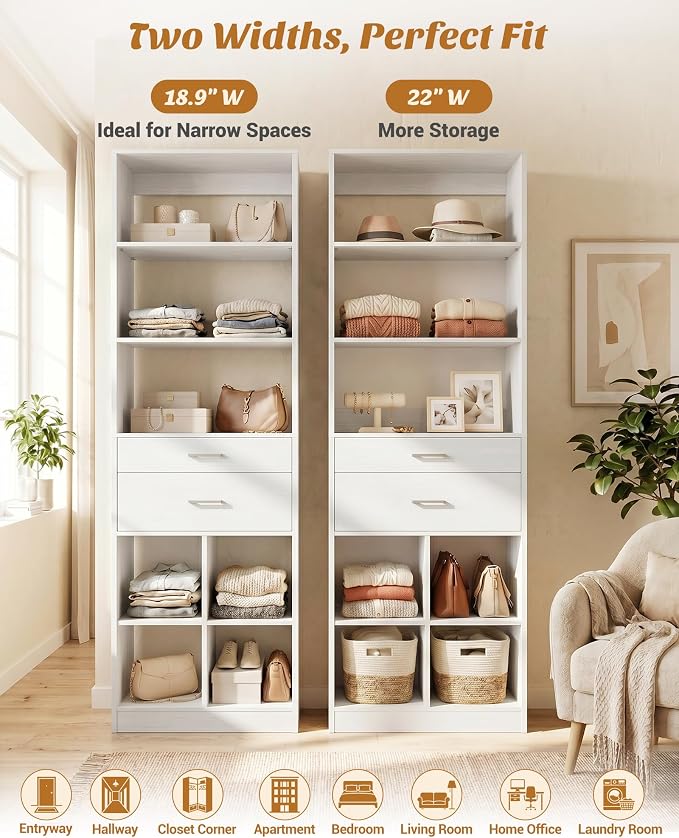 Besiost 18.9" Small Closet System with Drawers, Walk-in Closet Organizer | Small Closet Organizer for Walk in Closet, Bedroom & Nursery, Wardrobe Storage Unit, Enclosed Storage Volume 2.32 ft³, White