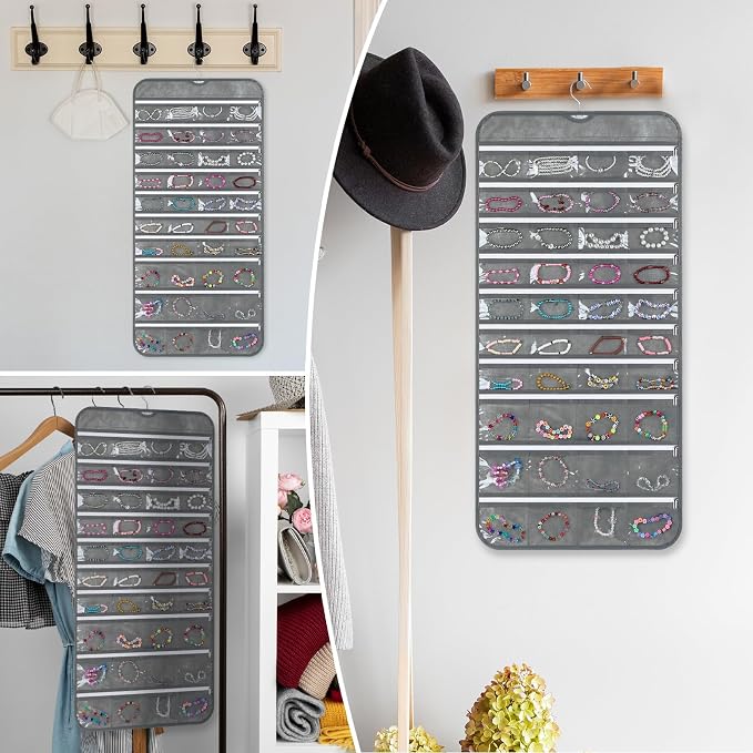 SynHHergyx 2 Pack Zippered Pocket Hanging Jewelry Organizer Dual-Sided Zipper Jewelry Holder Hanging Storage Organizer for Holding Earrings Bracelets Rings, Each with 80 Zippered Pockets