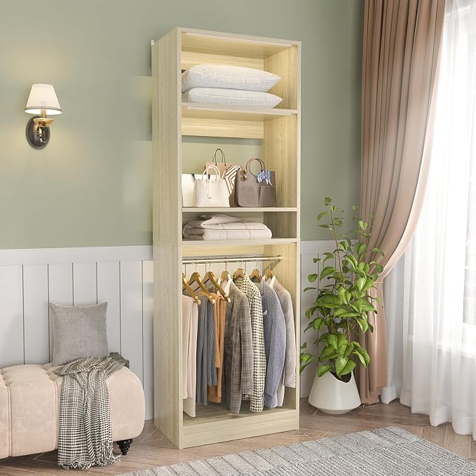 Unikito 25” Closet System, Freestanding Closets Organizer Wardrobe with Hanging Rods and Shelves, Adjustable Clothes Garment Racks, Sturdy Walk in Closet Tower, 25" W x 16" D x 80" H, White Oak