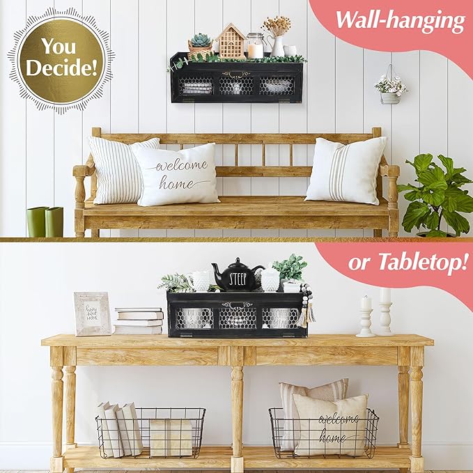Felt Creative Home Goods Farmhouse Chicken Wire Countertop Shelving Organizer, Decorative Kitchen Pantry Storage Cabinet, Rustic Counter Storage Display, Country Kitchen Island Decor (Black)