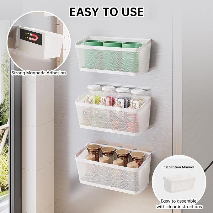 2Pcs Magnetic Spice Rack for Refrigerator, White Magnetic Shelves | Powerful Magnet Hanging Basket Holder, Magnetic Organizer Shelf for Fridge, For Seasonings Fruit Vegetables Coffee Beans