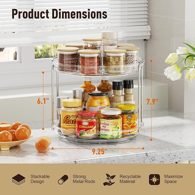 360° Rotating Makeup Organizer 2 Tier 9" Clear Lazy Susan Turntable Skincare Perfume Organizer Bathroom Countertop Vanity Tray Space-Saving Cosmetic Storage for Dresser