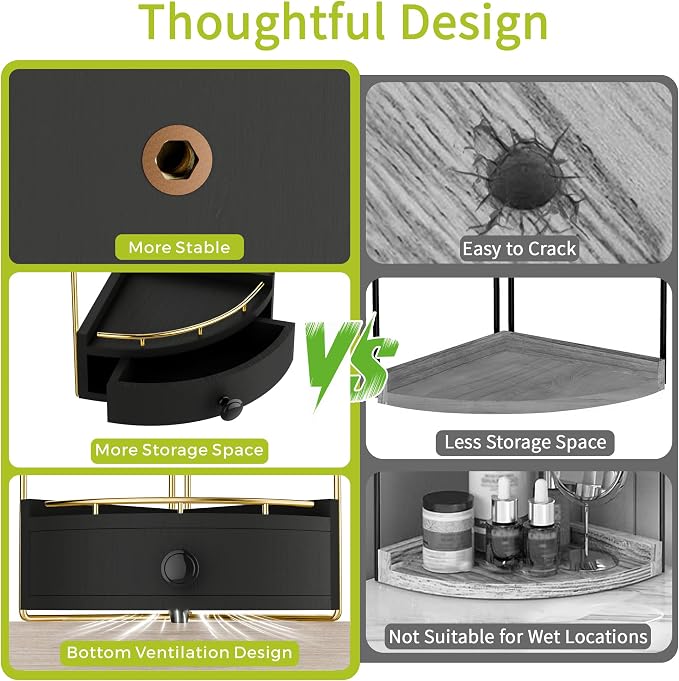 2-Tier Corner Bathroom Counter Organizer with Drawer, Black Gold | Embedded Screw Holes, Wooden Countertop Organizers, Space-Saving, Bottom Ventilation Design, Counter Shelf for Vanity