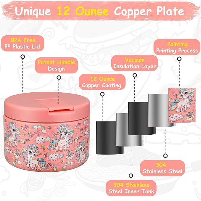 Pawtong 12oz Insulated Vacuum Food Jar with Buckle Lid Wide Mouth Soup Thermo for Hot Food Kids Leakproof Stainless Steel Lunch Container (Pink-Horse)