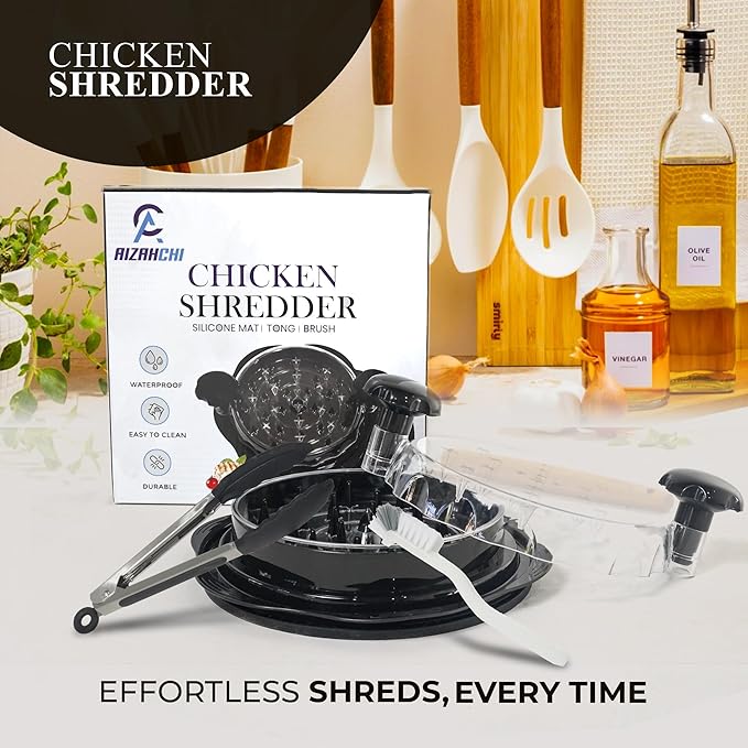 Large Chicken Shredder Tool Twist Equipped with Middle Tray, Including 1 x Anti-slip Silicone Mat, 1x Kitchen Tongs and 1x Cleaning Brush, Suitable for Pork Beef‬ Chicken‬ Breast (Black)