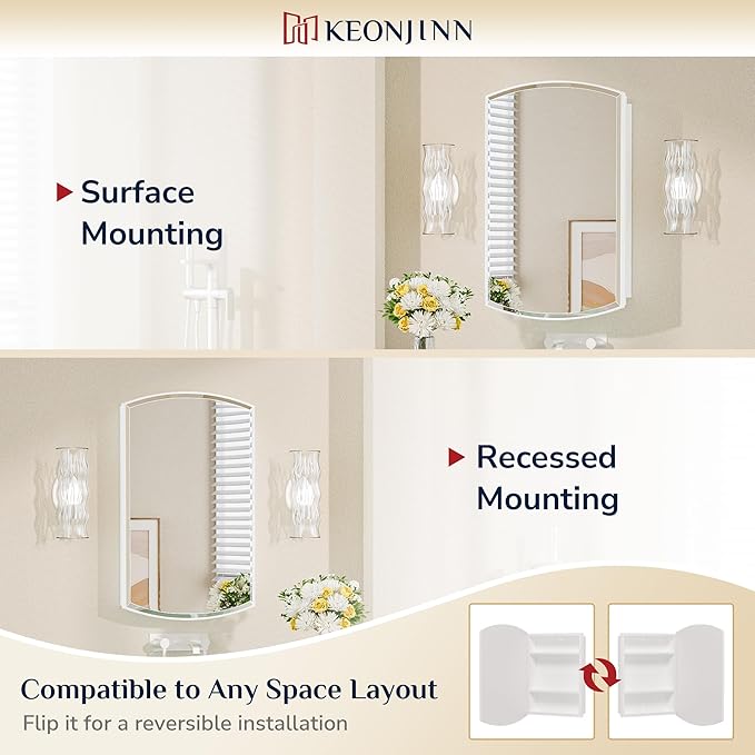 Keonjinn White Medicine Cabinet with Mirror 20” x 30”, Metal Framed Wall Cabinet with Beveled Mirror, Surface Mount or Recessed Medicine Cabinet for Bathroom, Bathroom Mirror with Storage