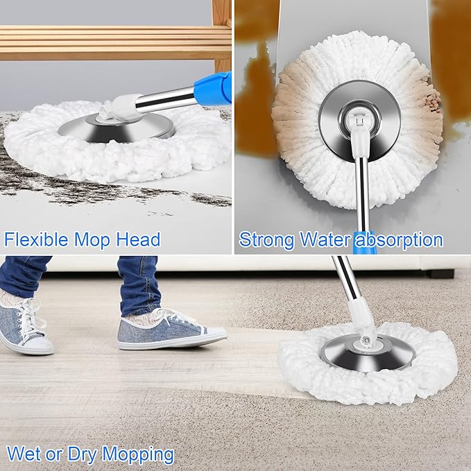Mop and Bucket with Wringer Set, Mop and Bucket on Wheels Floor Cleaning System with Spin Mop Head 61 Inch Refills Extended Stainless Steel Handle for Home Office Household Cleaning