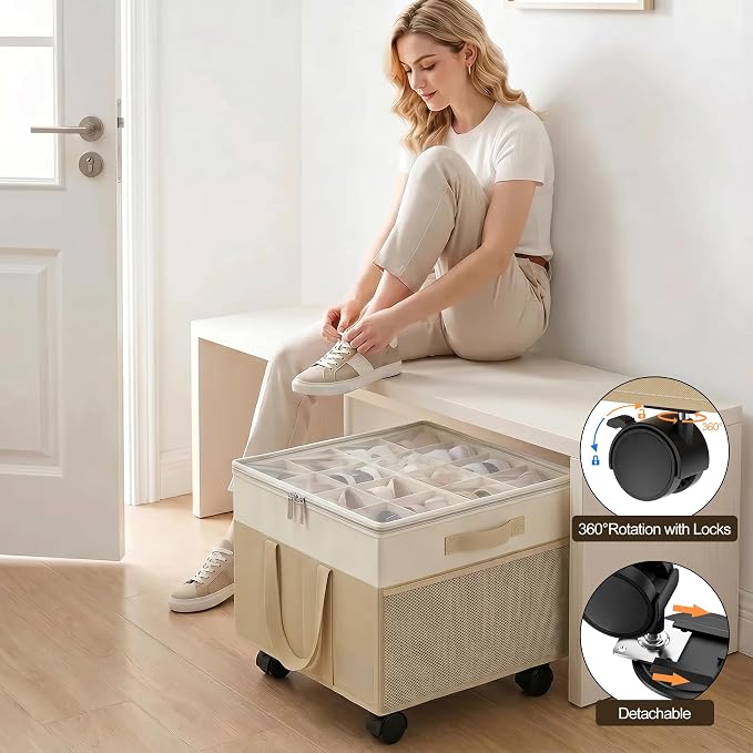2 Pack Large Shoe Organizer for Closet, 32 Pairs Shoe Storage Box Beige | 360° Wheels & Reinforced Handles, Adjustable Dividers, Clear Cover, Side Pocket, Foldable Oxford Fabric Bin for Entryway