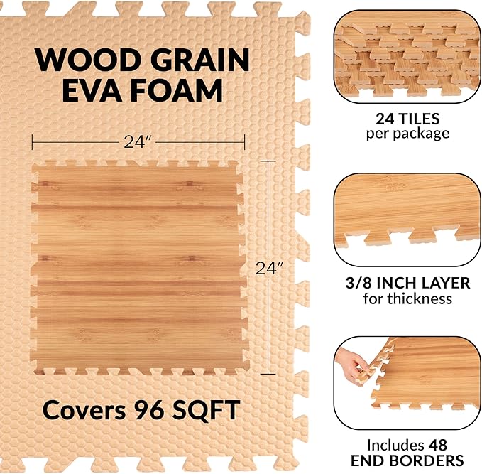 EVA Foam Floor Tiles 24-Pack - 96SQFT Puzzle Mats for Floor - Interlocking Foam Tiles for Family Room or Gym Flooring by Stalwart (Light Woodgrain)
