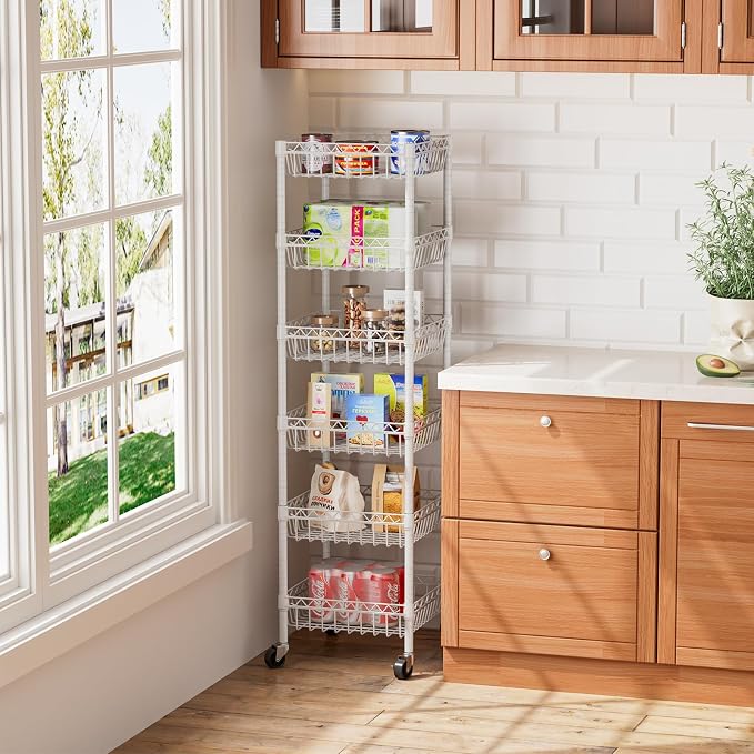 Golpart Basket Shelves Closet Rack with Wheels Metal Pantry Wire Shelf Unit | 6 tier Storage Rolling Shelving Bathroom Organizers Kitchen Garage Laundry Room Organization Home 13.6"Dx13.6"Wx63"H White