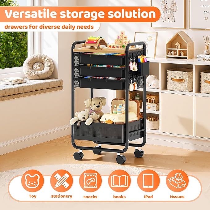 Metal Rolling Storage Cart with 3 Drawers - Utility Cart on Wheels with Pegboard & Wood Tabletop, Multifunctional Trolley Organizer with Hooks & Bin for Living Room,Bedroom,Craft Room,Office,Kids Room