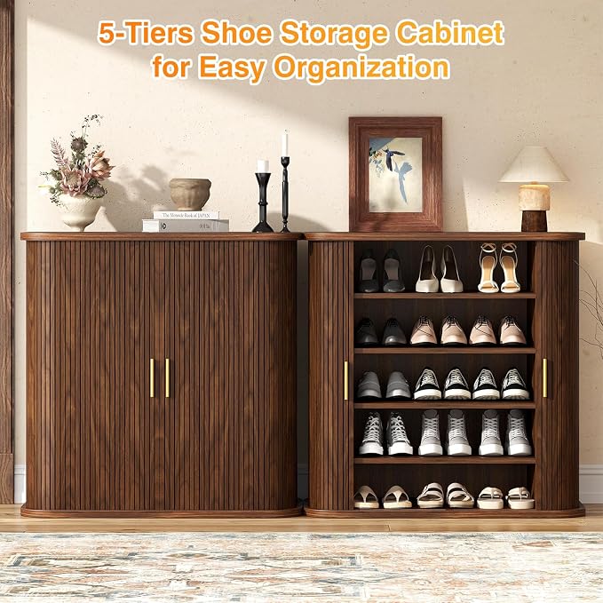UNIQUITE Shoe Storage Cabinet with Sliding Doors, 5-Tier Wood Shoe Cabinet for Entryway, Adjustable Shelves Freestanding Shoe Organizer with Gold Handle for Hallway, Living Room, Walnut