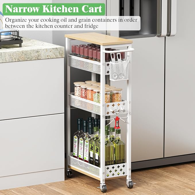 4 Tier Slim Rolling Storage Cart, Laundry Room Cart on Wheels, Small Metal Bathroom Cart Kitchen Organizer Trolley with Handle and Mesh Basket, 7.1 inch Width for Narrow Space, White