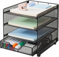 OPNICE Desk Organizer, 4-Tier Desktop File Organizer with Drawer, Office Desk Accessories, File Sorters, Workspace Organizers for Office Supplies(Black Upgraded)