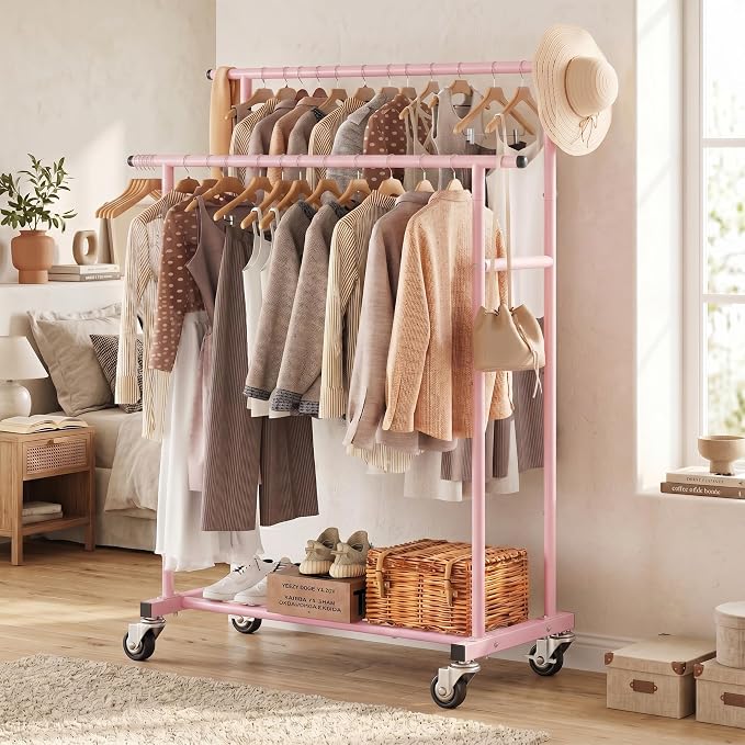 Calmootey Rolling Garment Rack with 2 Rods, Clothes Organizer for Bedroom | High-Low Rods, Two Lockable Wheels, Sturdy Metal Frame, Space-Saving, Fits Laundry, Living Room, Pink