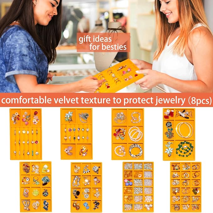 Set of 8 Stackable Velvet Jewelry Trays Organizer Jewelry Display Storage Box Dresser Drawer Organizer for Earring Necklace Bracelet Ring Accessary