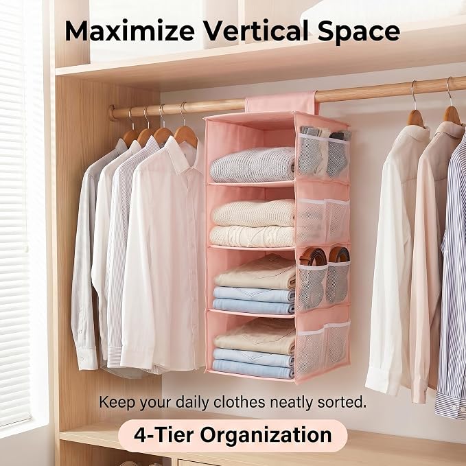 4-Shelf Closet Hanging Organizer Foldable Hanging Storage Shelves with Strong Magic Tapes Space-Saving Wardrobe Hanging Shelf for Clothes Towels Accessories Pink