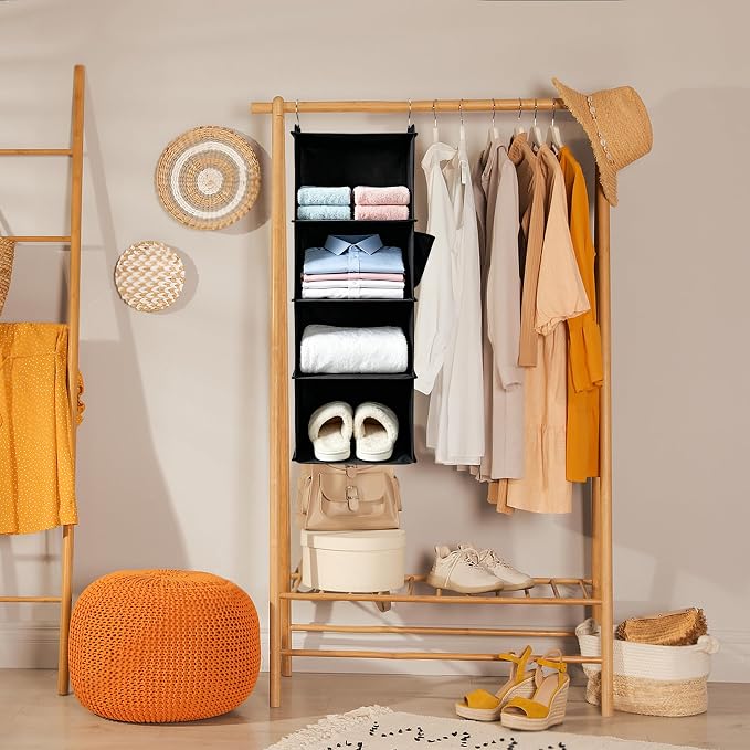 BOOMIBOO Hanging Closet Organizer and Shelves, 4 Shelves with 1 Side Pockets, Foldable, Grey Fabric, Modern Style, for Bedroom and Dorm Room (Beige)