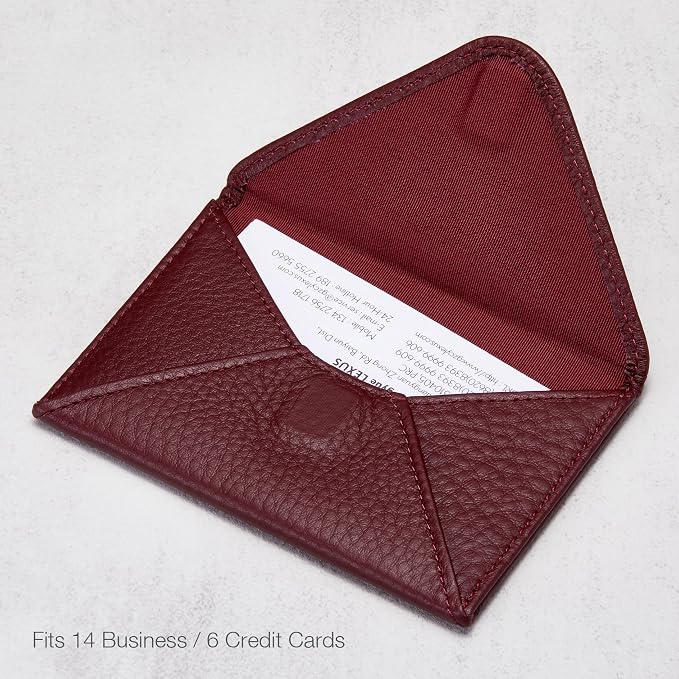 HISCOW Italian Pebbled Leather Business Card Holder, Minimalist Full Grain Envelope Card Case with Hidden Magnetic Closure, 0.19 Inch Slim Front Pocket Wallet for Men and Women, Bordeaux