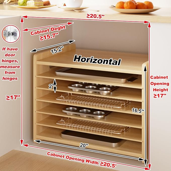 7 Tier Wooden Tray Dividers for Cabinets Cookie Sheet Organizer for Pot, Pans, Baking Tray Organizer for Kitchen Documents Storage(20" W x 16.5" H x 15.2" D)