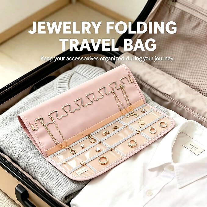 Hanging Jewelry Organizer, Double-Sided Jewelry Organizers and Storage with 48 Pockets and 21 Hooks for Necklaces Earrings Rings, Jewelry Travel Roll Over the Door for Closet Wall (1, Pink)
