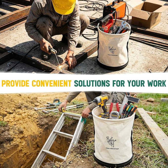1 Pack 15" x 12" Canvas Tool Bucket Bag, Heavy Duty 150 Lbs Load Capacity, Truck Tool Organizer with Plastic Bottom Metal Hook for Linemen Electricians & Construction Workers (White)