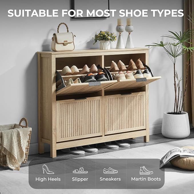 4 Flip Drawers Shoe Cabinet Storage for Entryway, Narrow Hidden Shoes Cabinet Organizer Front Door Entrance Thin Free Standing Front Door Shoe Rack Storage for Entryway(Oak)