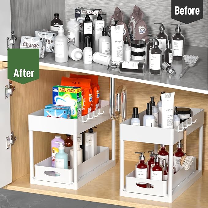 PUILUO 2 Set Under Sink Cabinet Organizer, 2 Tier Storage Under Cabinet Bathroom Under Sink Organizers and Storage Black Under Sink Storage for Bathroom Kitchen