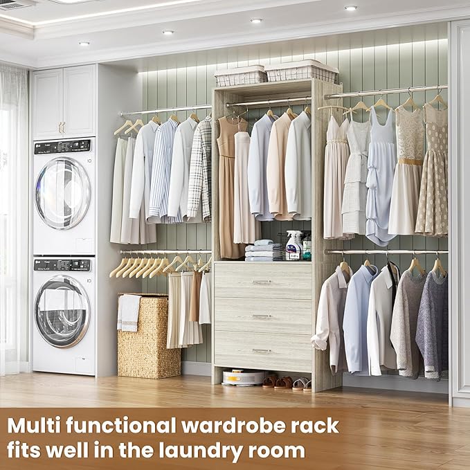 Aheaplus Closet System, Closet Organizer with 3 Wooden Drawers, Closet Organizer System, Walk-in Closet Wardrobe Clothes Rack with 4 Hanging Rods, Garment Rack, -4R,White Oak
