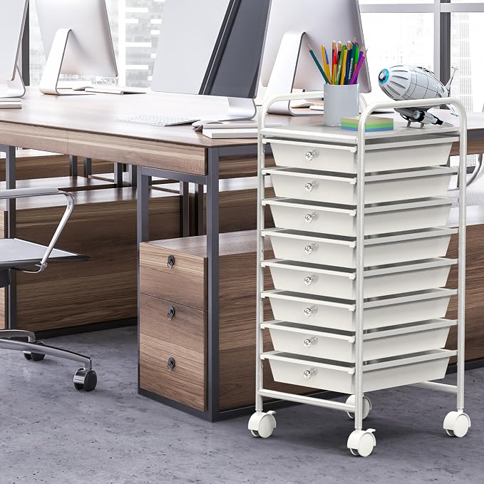 Simple Houseware 8 Drawers Rolling Utility Cart Art Craft Storage, White | 1-Column, 30.25" Height, Lockable Wheels, for School, Office, Art Craft, and Paper Storage