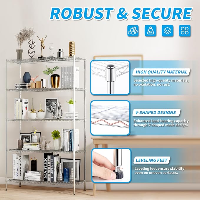 Xcity Storage Shelves, 5 Tier Heavy Duty Metal Shelving Unit, 2000 LBS Adjustable Steel Wire Shelf for Commercial, Pantry, Kitchen, Garage, 14" D x 36" W x 72" H, Chrome