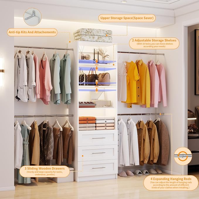 Closet System, 5FT-9FT Closet Organizer System with 4 Expandable Hanging Rods and Moveable Shelves, 115" Walk in Closet System with 3 Wooden Drawers, Custom Built in Closet, Wall Mount