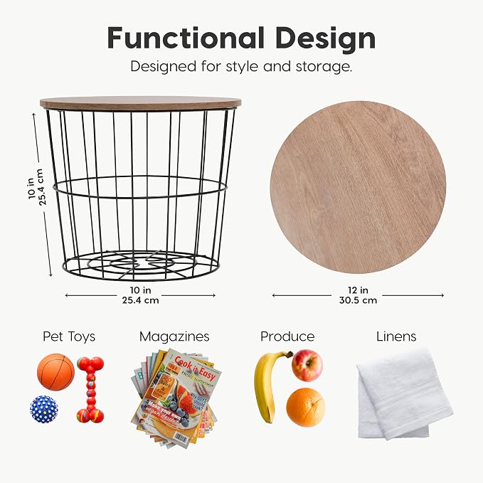 IRIS USA Round Wire Basket with Wooden Lid, 2 Pack | Living Room Bathroom Kitchen Storage, Water Resistant Surface