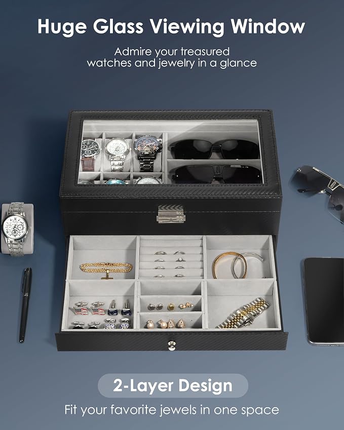 Kukikan Watch Jewelry Box Organizer, 6-Slot 2-Layer Watch Case and Sunglasses Storage with Large Glass Lid, Men's Jewelry Box with Lock, Watch Holder Display Case, Gift for Men Women