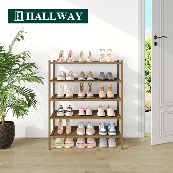 Smiry Bamboo Shoe Rack, 5 Tier Shoe Organizer for Entryway & Closet, Stackable Free Standing Storage Shelf for Shoes, Bags & Plants, Walnut