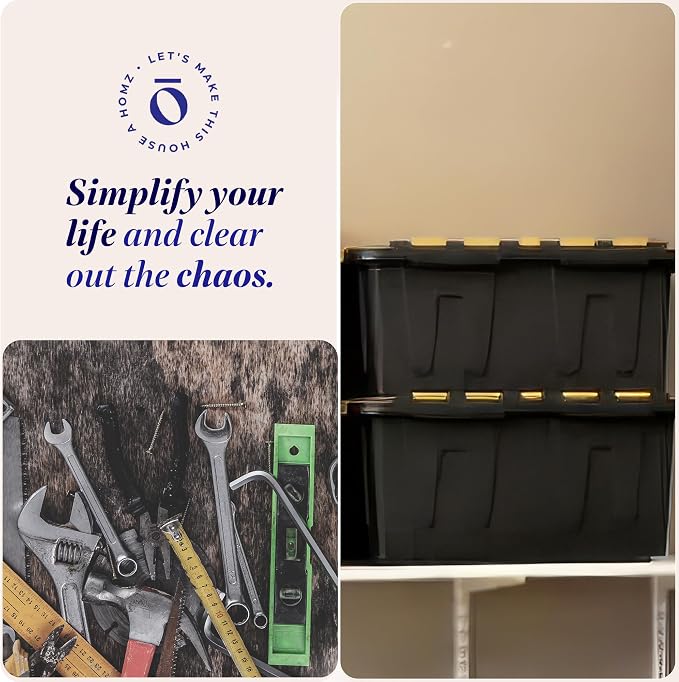 HOMZ 15 Gallon Durabilt Storage Bins, Pack of 2 Heavy Duty Plastic Containers, Secure Snap Lids, 6 Hasp Areas for Tie-Down Straps or Locks, Stackable, Nestable, Organizing Totes | Heavy-Duty Large Stackable Container Boxes for Home, Attic, and Garage O...