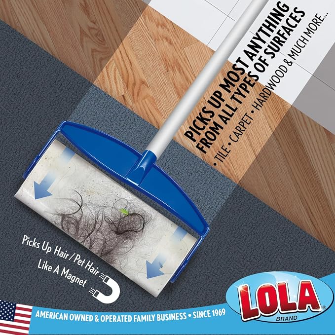 LOLA Rola Sticky Mop Refills, Giant Adhesive Roller, 180 Sheets, Traps Dirt, Dust & Hair, Pet Hair Remover, Floor & Carpet Cleaner, 6 Pack