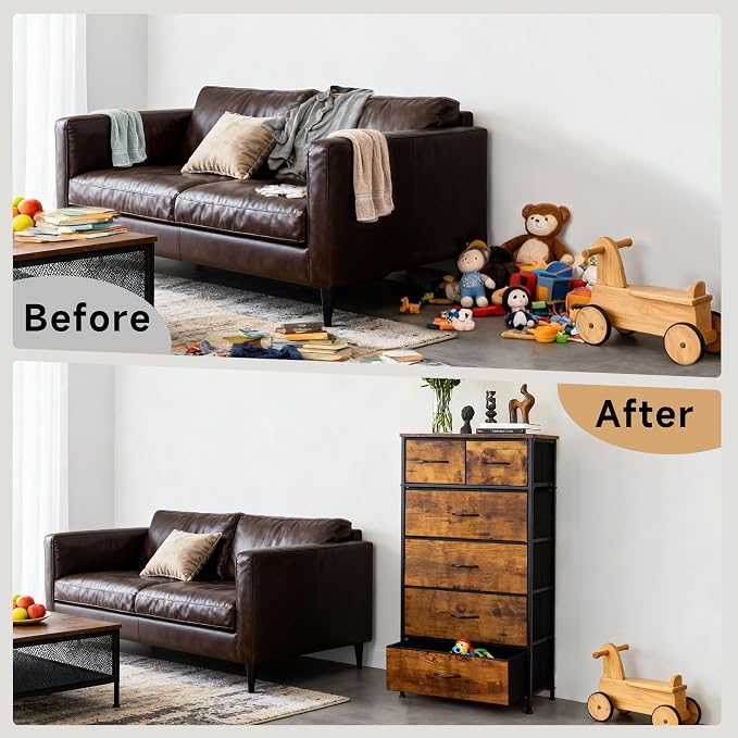 Mifuro Tall Dresser for Bedroom, Vertical Storage Organizer Tower with 6 Drawers, Chest of Drawers with Fabric Bins, Steel Frame, Wood Top for Bedroom, Closet, Entryway- Rustic Brown