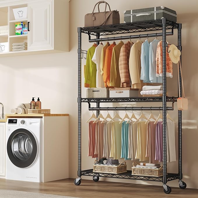NEWBULIG Heavy Duty Clothing Rack with Wheels, 3-Tier Adjustable Wire Garment Rack, Metal Freestanding Closet Organizer System with Double Hanging Rods & 8 Side Hooks, 47"x17"x80", Black