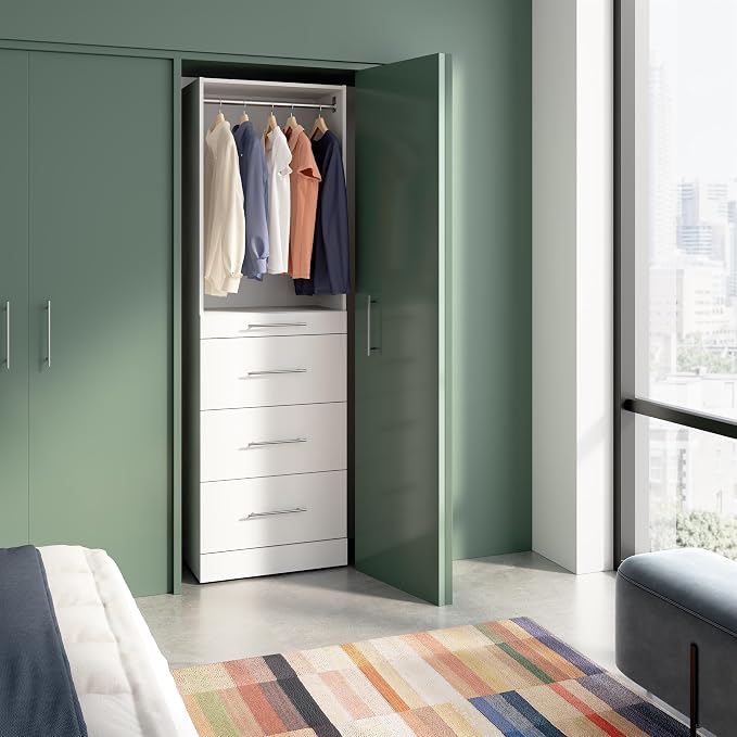Bestar 25W x 16D Modular Closet Organizer System Tower, Reach-in Closet or Walk-in with Shelves and 4 Drawers, Slab Style, Florence Collection, White