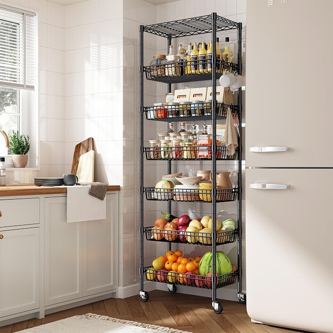 DurayLoly 7-Tier Basket Shelf Wire Shelving Unit with Wheels, Adjustable Storage Shelves with Hooks, 72" H x 24" W x 14" D Pantry Shelves for Kitchen, Bathroom, Closet & Small Spaces, Black