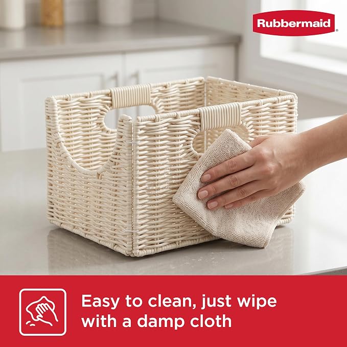 Rubbermaid Woven Storage Baskets - Set of 2 Stackable and Collapsible Bins with Handles, Small Resin Rattan Organizers for Shelves, Closet, Bathroom, Bedroom, 11.5” x 8”, Ivory
