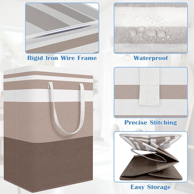 BlissTotes 3-Pack Laundry Basket, Freestanding＆Waterproof Laundry Hamper, Collapsible Tall Clothes Hamper with Easy Carry Handles for Clothes, Towels in the Family and Dorm,Gradient Khaki,125L