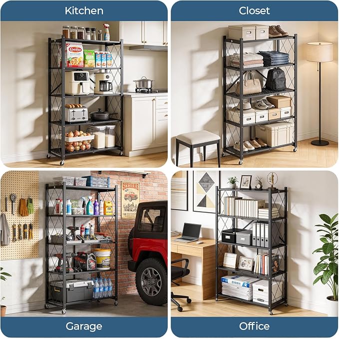 Upgraded 18% Thickened Portable 5-Tier Foldable Storage Shelves with Wheels Heavy Duty Storage Shelf Collapsible Shelves Unit Display for Garage Storage Kitchen Pantry & Closet Organizer, Matte Black