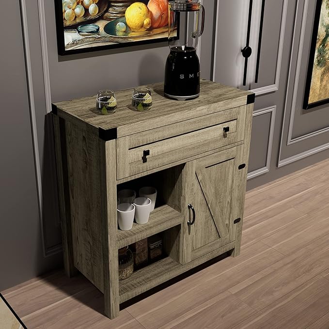 CONSDAN Storage Cabinet, Multifunction Accent Cabinet, Modern Storage Shelving Cabinet, 2-Tier Shelving Organizer & Top Drawer, Grey