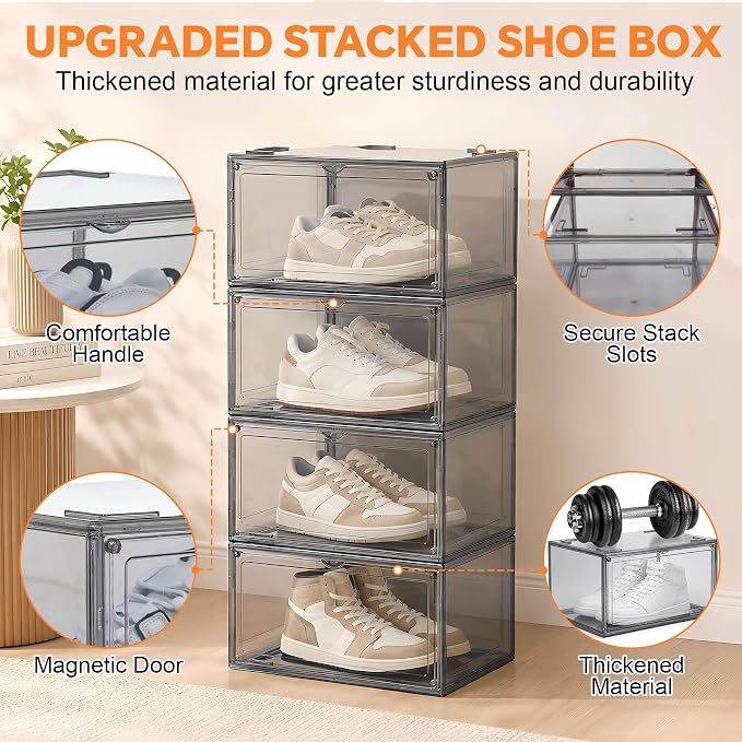 MMBABY 12 Pack Acrylic Shoe Boxes– Ultra Clear Plastic Stackable Sneaker Storage For Sneakerhead. Professional Grade Shoe Display Case with Magnetic Door.Fits US Size 15 (Grey-Side Open)