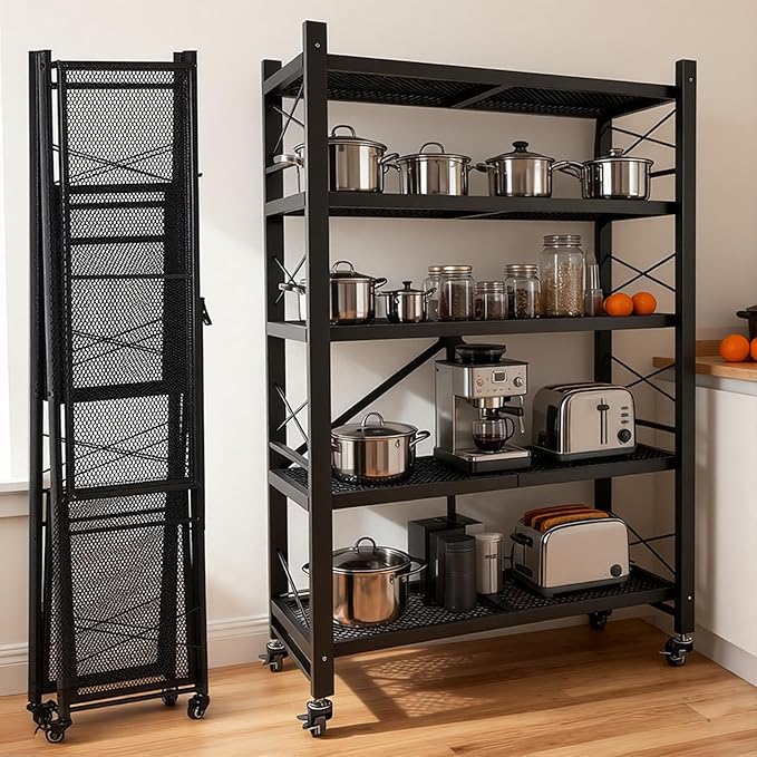 Folding Storage Shelves, Heavy Duty Garage Shelving Unit, Adjustable Metal Standing Storage Rack Shelf, No Assembly Wire Shelving Organizer with Wheels for Kitchen Pantry Warehouse (5-Tier, 2 Pack)