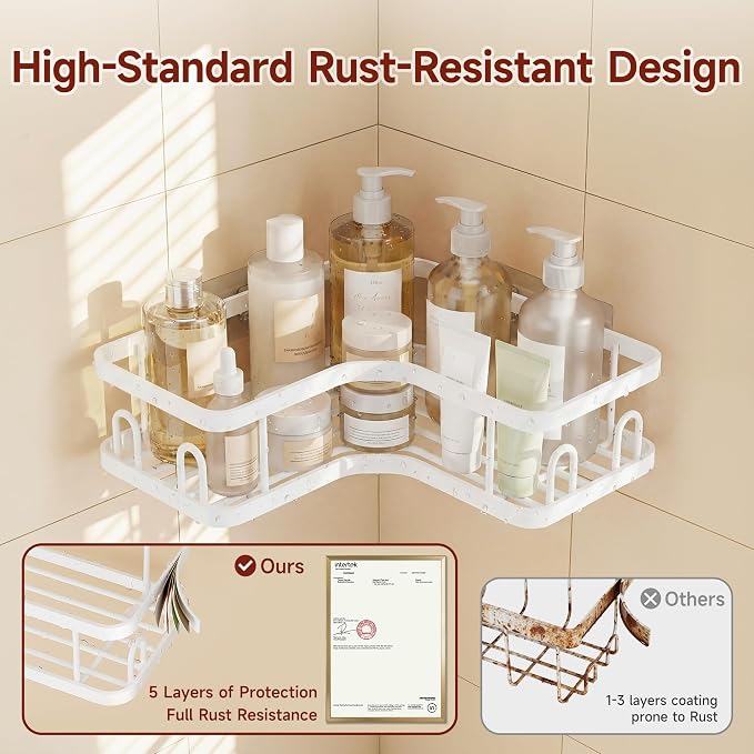 Veken Corner Adhesive Shower Caddy 3-Pack with Soap Holder&Hooks,No Drilling Shower Shelves,Rustproof & Waterproof Bathroom Organizers and Storage,Rack for Small Spaces, Kitchen&Rental-Friendly,White