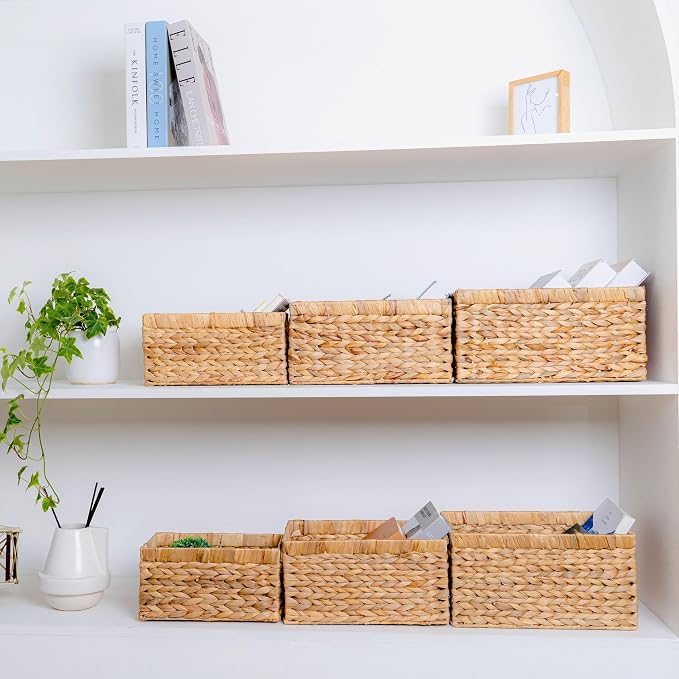 M4DECOR Set of 6 Water Hyacinth Storage Baskets – Wicker Storage Baskets for Shelves, Pantry Baskets for Organizing, Handwoven Wicker Baskets for Storage (Set 3 SML)