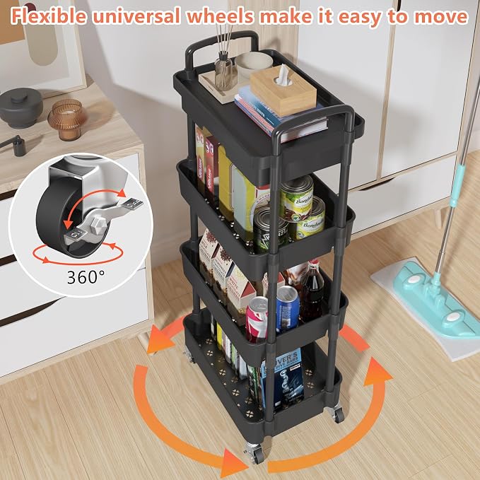 Calmootey 4-Tier Rolling Utility Cart with Drawer,Multifunctional Storage Organizer with Plastic Shelf & Metal Wheel,Storage Cart for Kitchen,Bathroom,Living Room,Office,Black | Space-Saving Organizer, Sturdy Plastic Shelves, Smooth-Rolling Metal Wheel...